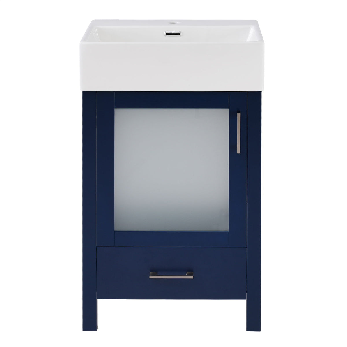 Bathroom vanity with ceramic sink, dark blue cabinet, single door and lower drawer.