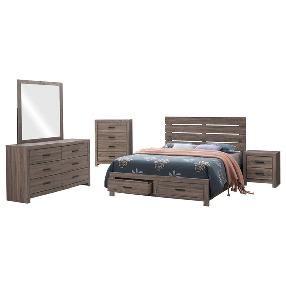 Bedroom set with dark brown platform bed, dresser, nightstand drawers, and square mirror