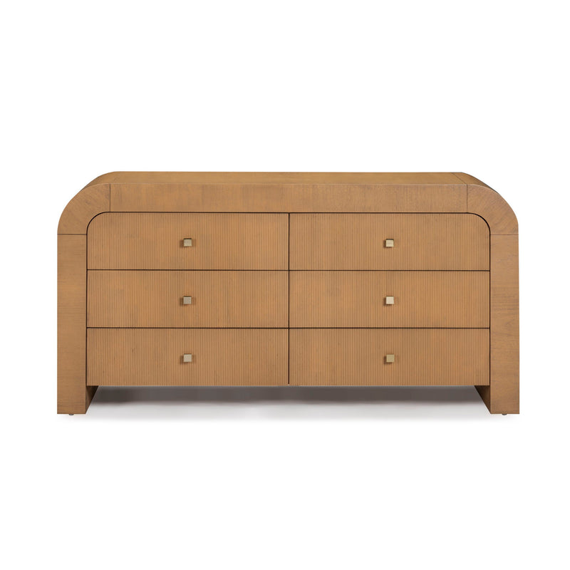 Light brown 6-drawer dresser with curved top, straight lines, and square metal knobs