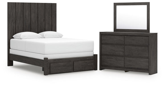 Queen panel storage bed with white mattress, plus charcoal dresser and wall mirror set