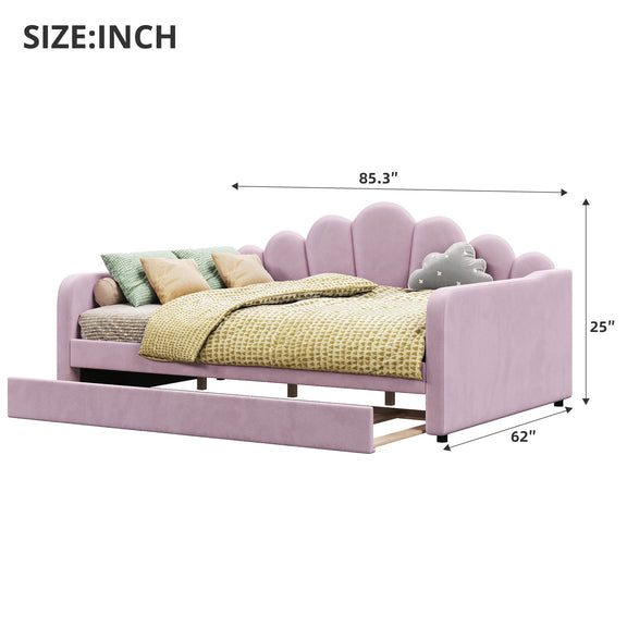 Pink upholstered daybed frame with shell headboard, open slat base, size diagram shown