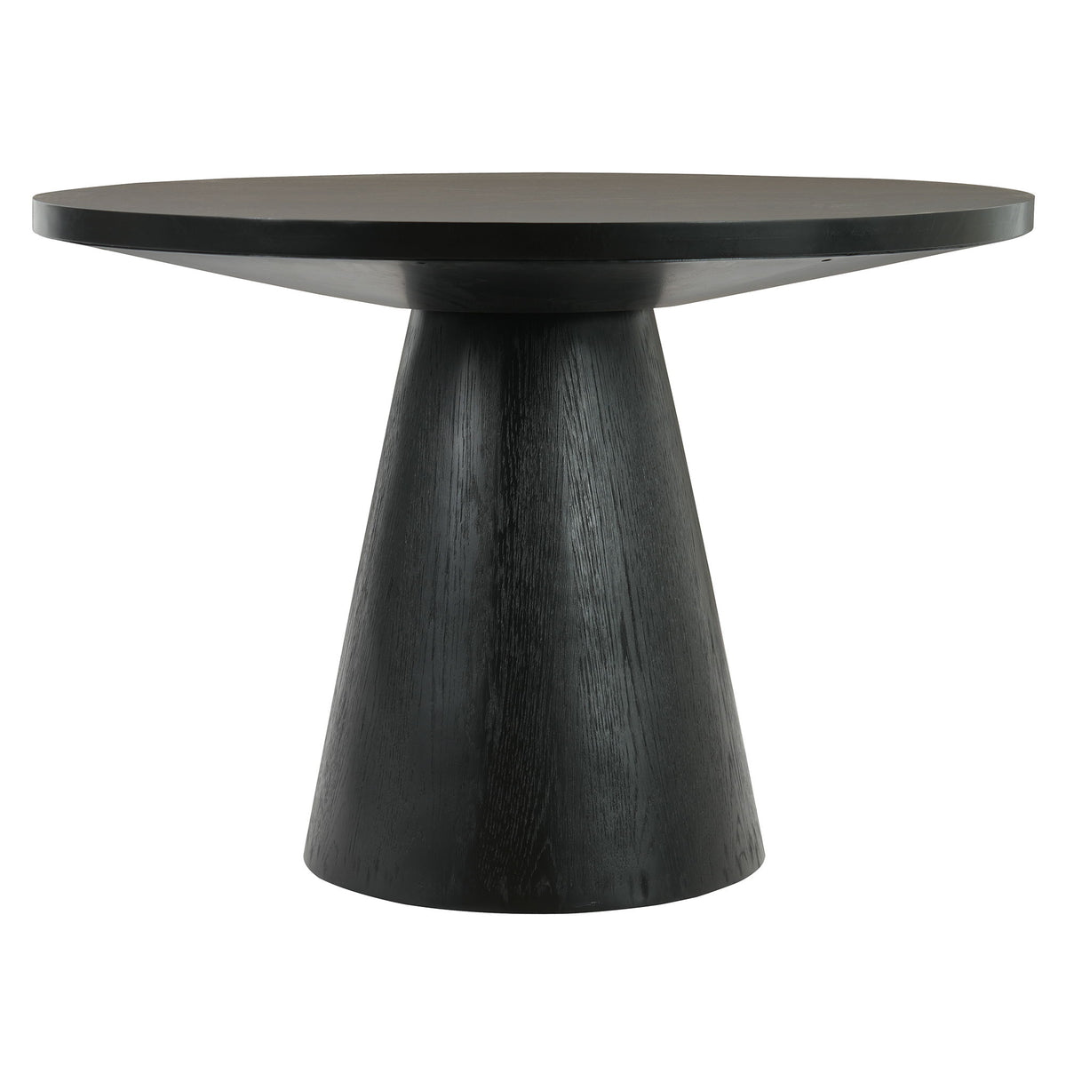 Round black dining table with a wide top and tapered pedestal base