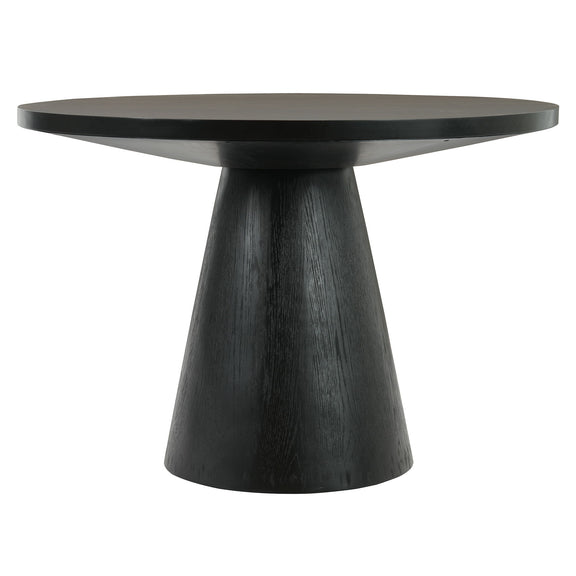 Round black dining table with a wide top and tapered pedestal base