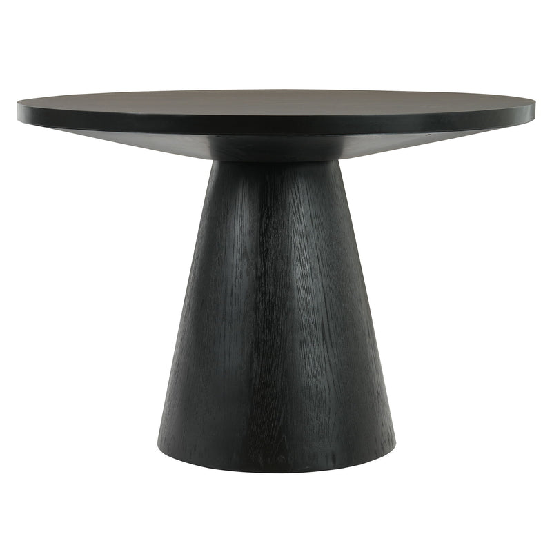 Round black dining table with a wide top and tapered pedestal base