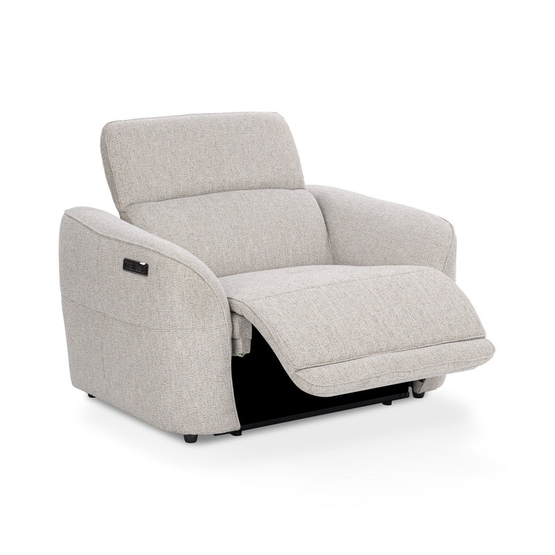 Gray power recliner chair reclined on side view, black base and footrest visible