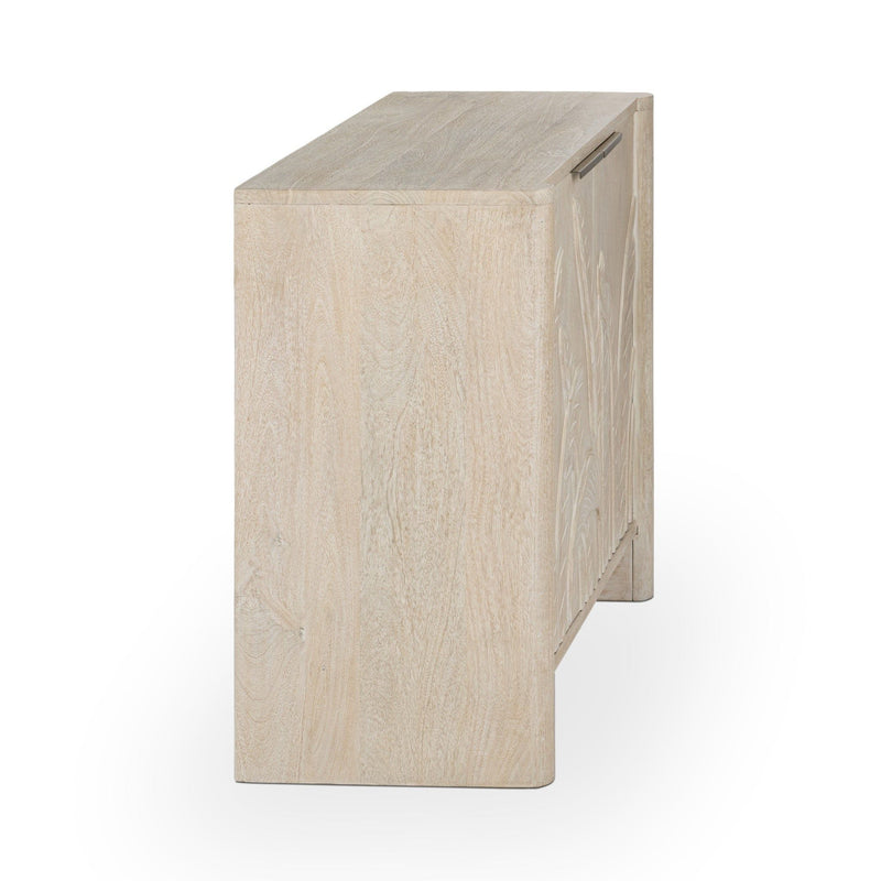 Cream 2-door cabinet angled side view with slim metal handle strip