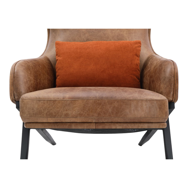 Brown leather accent chair with front cushion and orange seat pillow