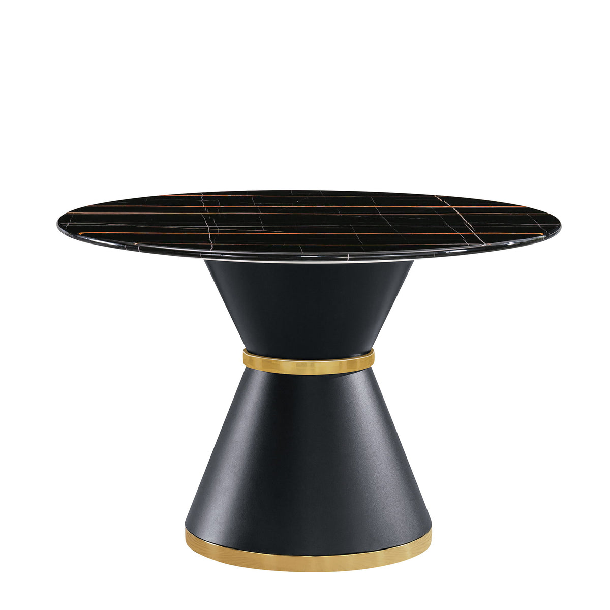 Marble Printed Round Dining Table - Black Columnar Base With Gold Annulus Not Including Chairs - Black