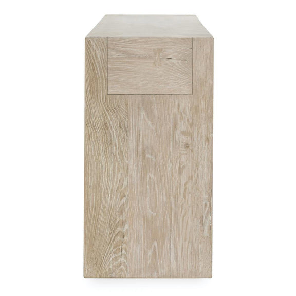 Aged cream reclaimed oak side table with single drawer and flat top