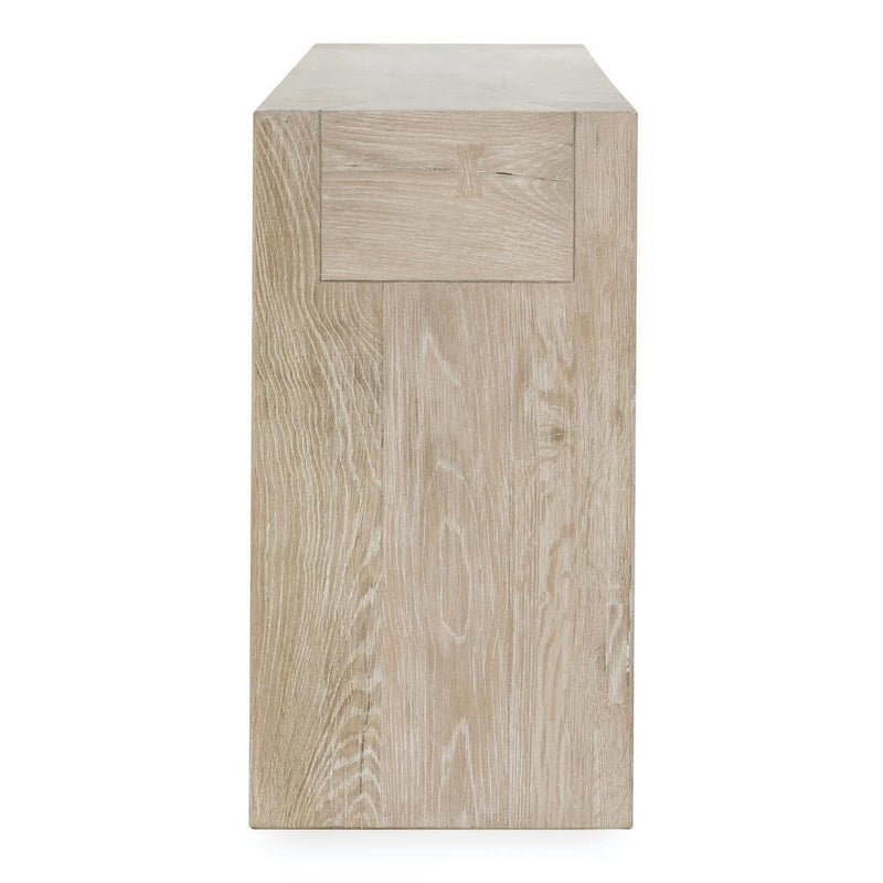 Aged cream reclaimed oak side table with single drawer and flat top