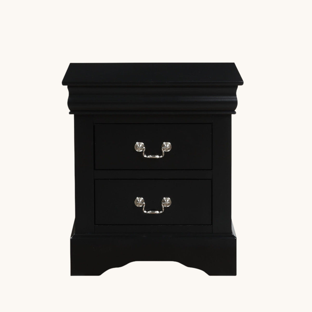 Black two-drawer nightstand with curved cabriole base and chrome U-shaped handles
