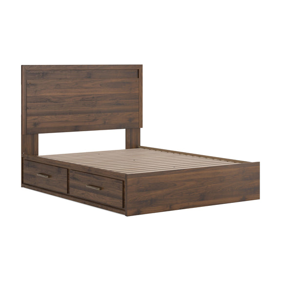 Light brown panel storage bed with slatted base and two under-bed storage drawers