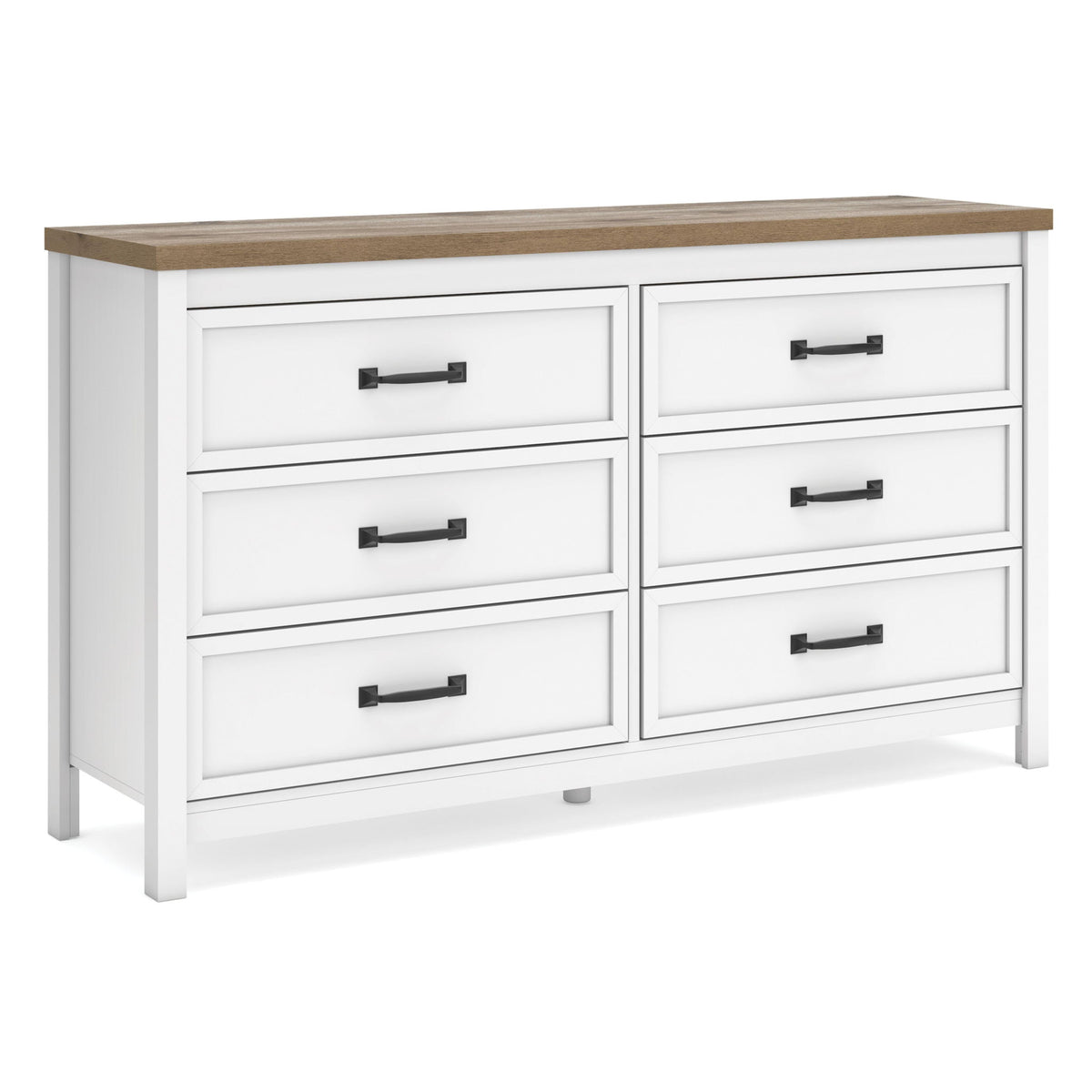 White six-drawer dresser with brown top and black bar handles