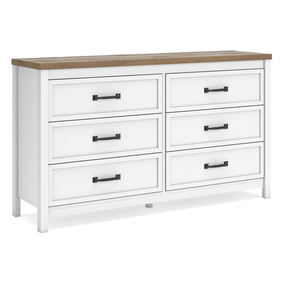 White six-drawer dresser with brown top and black bar handles