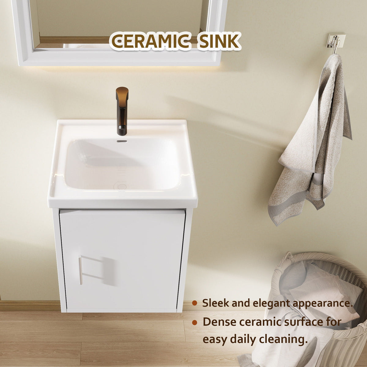 Wall-mounted bathroom vanity with ceramic sink and faucet, white cabinet with single door