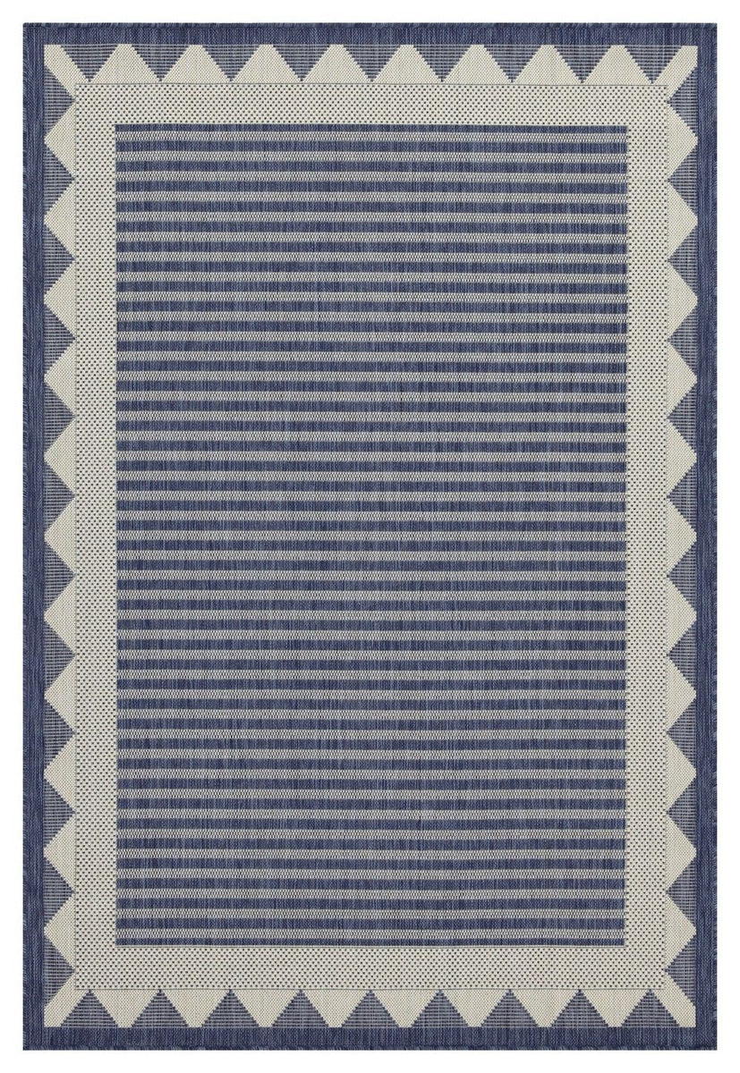 Blue striped area rug with cream zigzag border in a square layout
