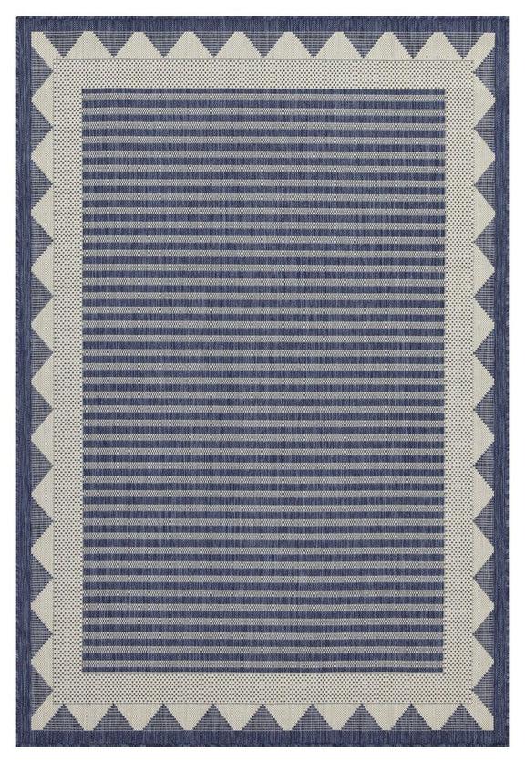 Blue striped area rug with cream zigzag border in a square layout