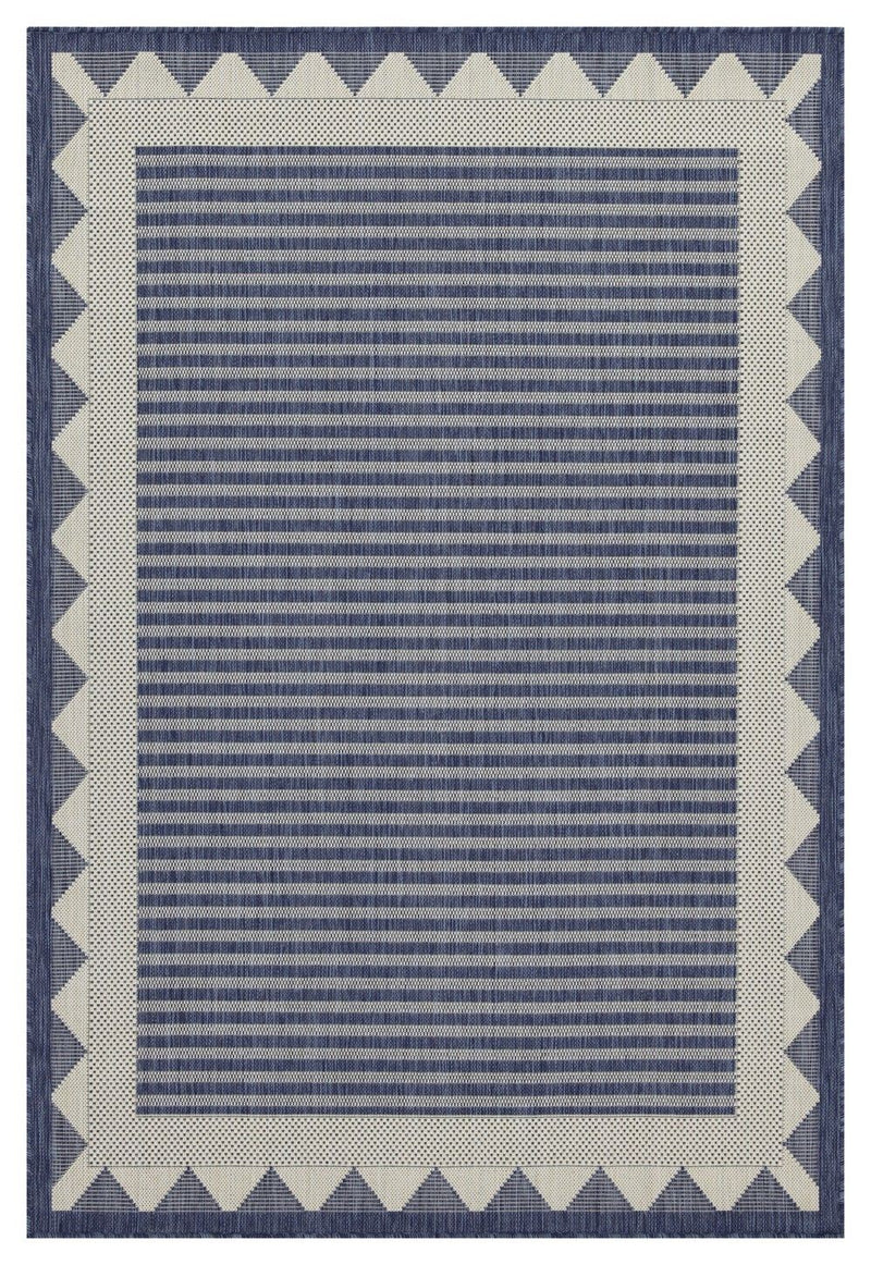 Blue striped area rug with cream zigzag border in a square layout