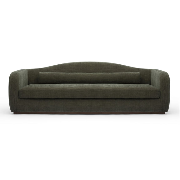 Dark green fabric sofa front view with rounded backrest and single seat cushion