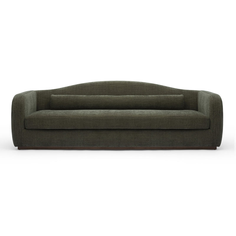 Dark green fabric sofa front view with rounded backrest and single seat cushion