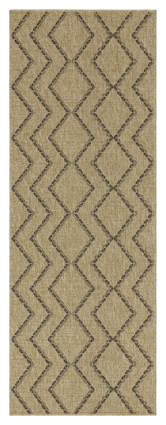 Light brown area rug with repeating chevron and diamond stitched geometric pattern