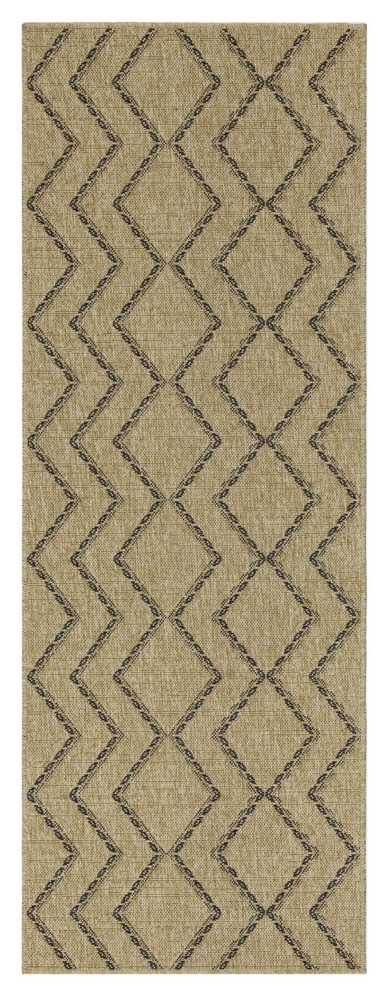 Light brown area rug with repeating chevron and diamond stitched geometric pattern