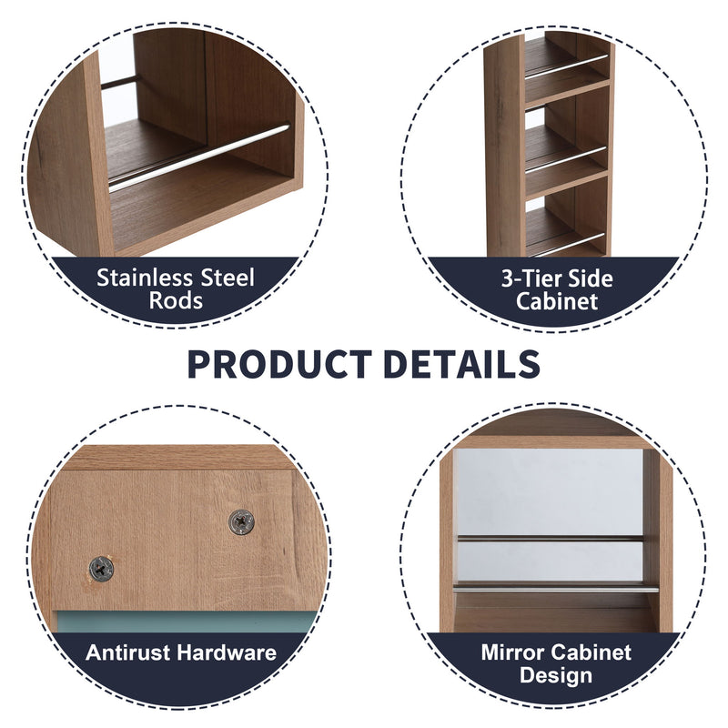 Oak wall mirror cabinet with stainless steel shelf rods and mirror design details