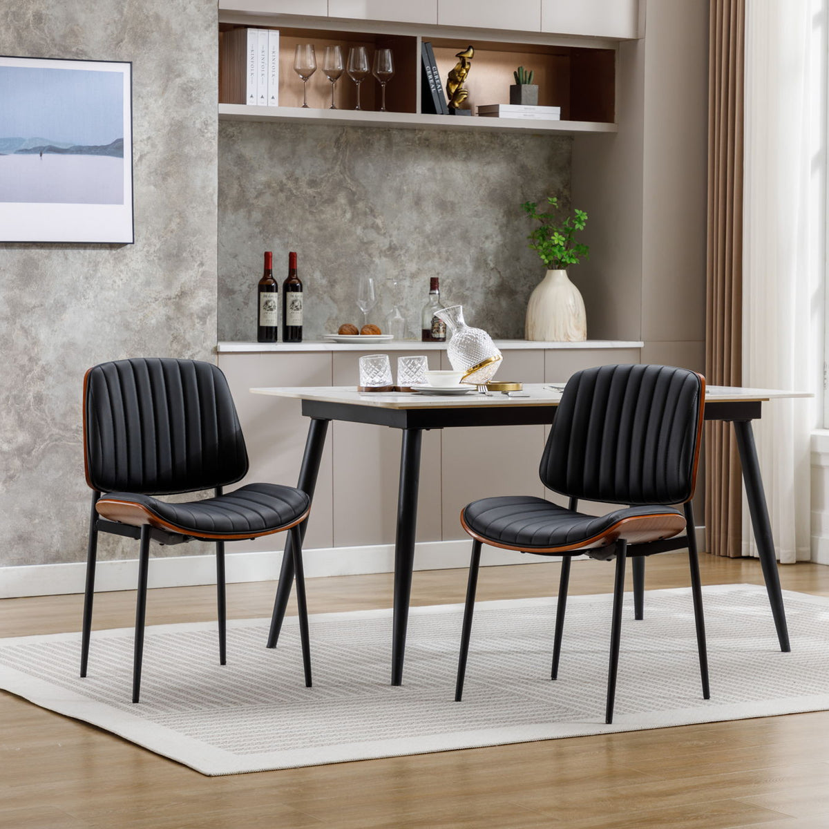 Dining Chairs (Set of 2) Mid-Century Modern Retro Faux Leather Chair With Bentwood Upholstered Seat Metal Legs Adjustable Foot For Kitchen Dining Room Chairs
