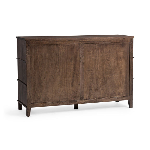 Brown wood dresser with two cabinet doors and dark metal bar handles