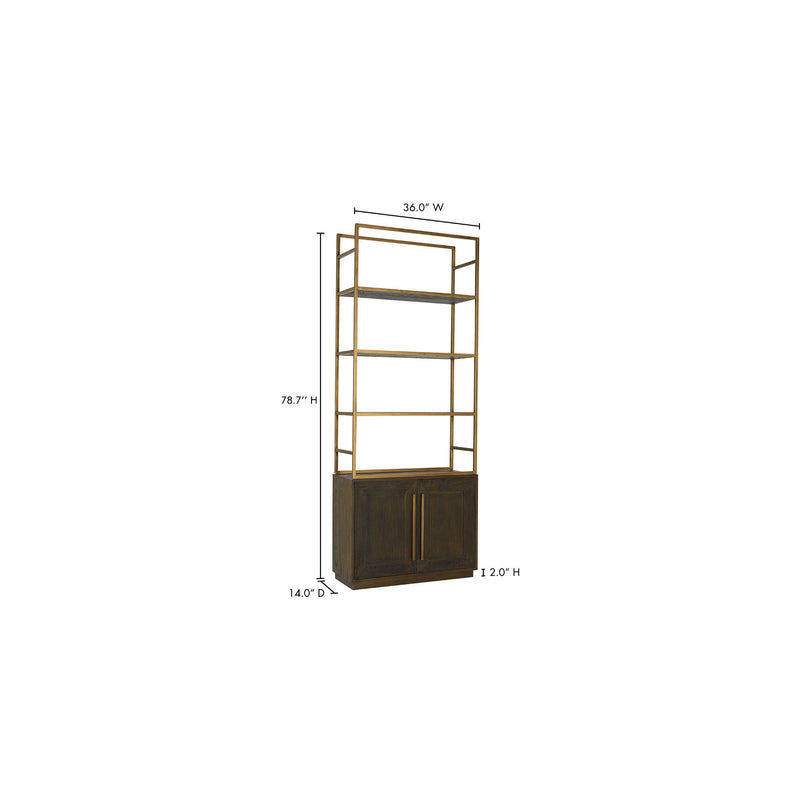 Brown oak bookshelf, 78.2" H, 36.0" W, 14.0" D