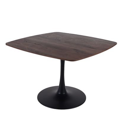 Dark brown square-top dining table with black pedestal base