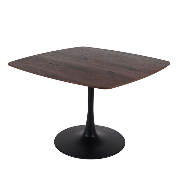 Dark brown square-top dining table with black pedestal base