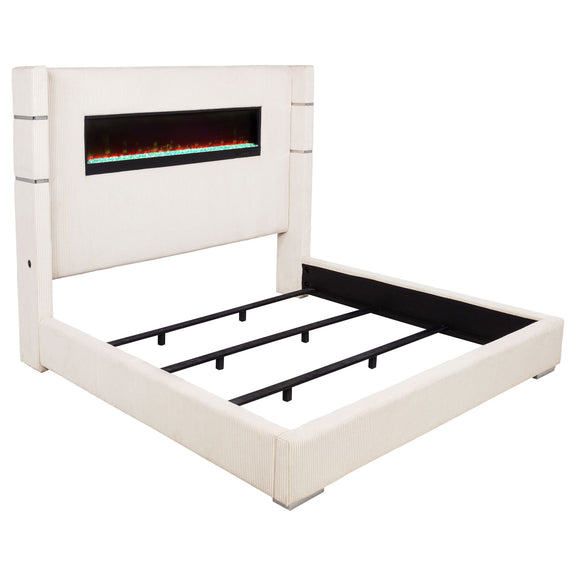 Upholstered platform bed in beige fabric with built-in flame visualizer screen