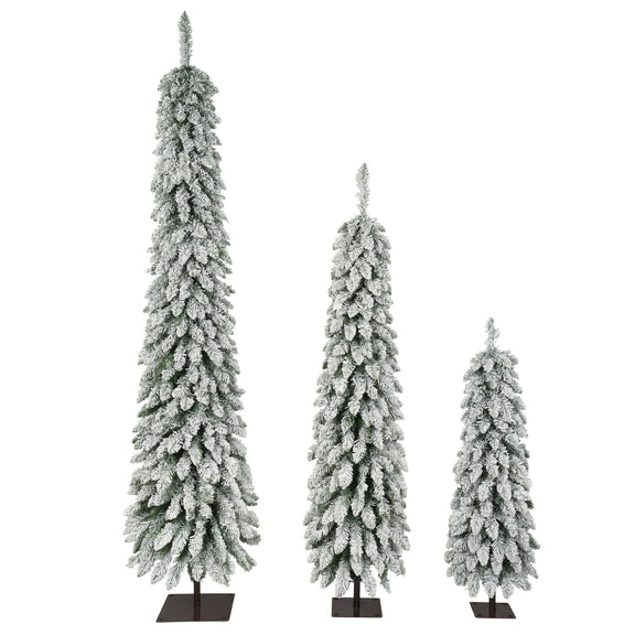White flocked slim pencil Christmas tree set with black bases (3 sizes)
