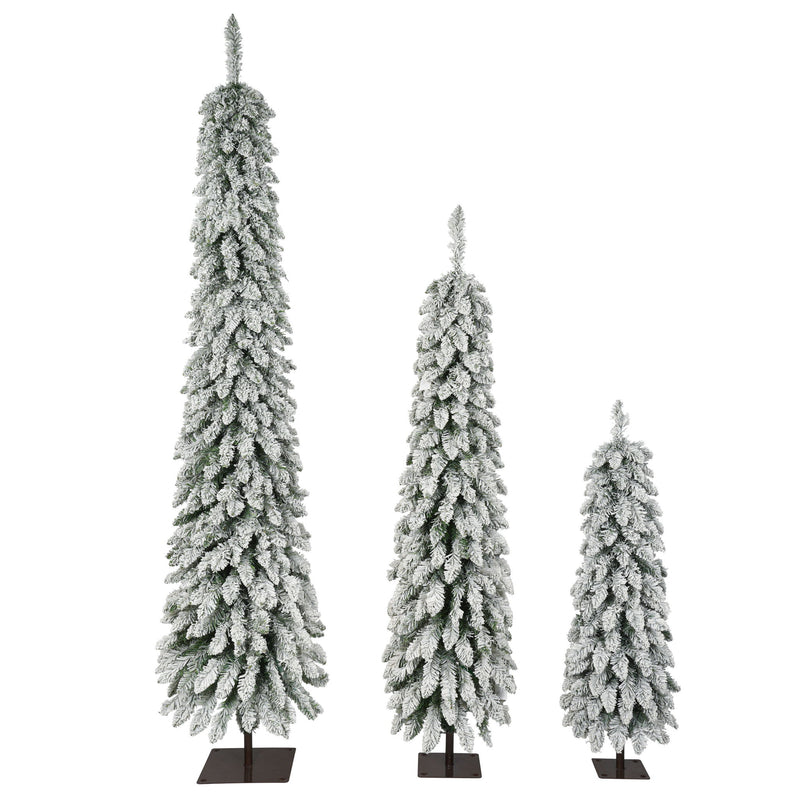 White flocked slim pencil Christmas tree set with black bases (3 sizes)