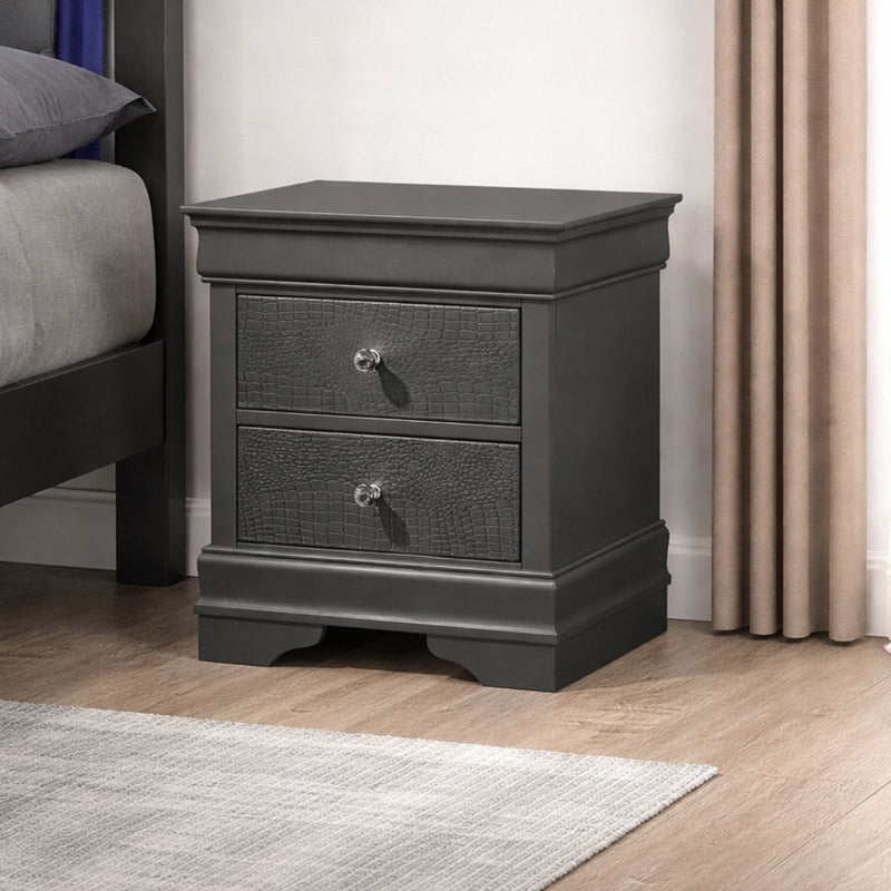 Dark gray 2-drawer nightstand with textured fronts and shiny metal drawer pulls