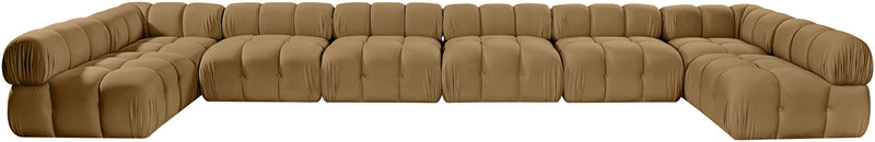 Brown modular sectional sofa with tufted cushion panels and rounded arm sections