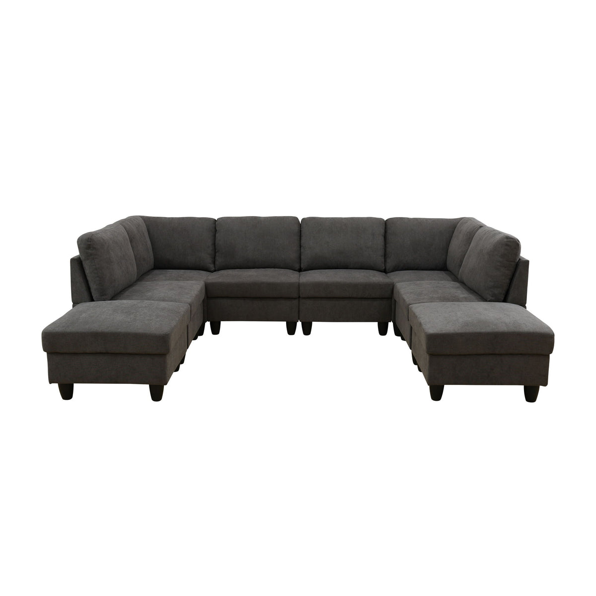 Dark gray U-shape modular sectional sofa with padded back, wide arms, and chaise seats