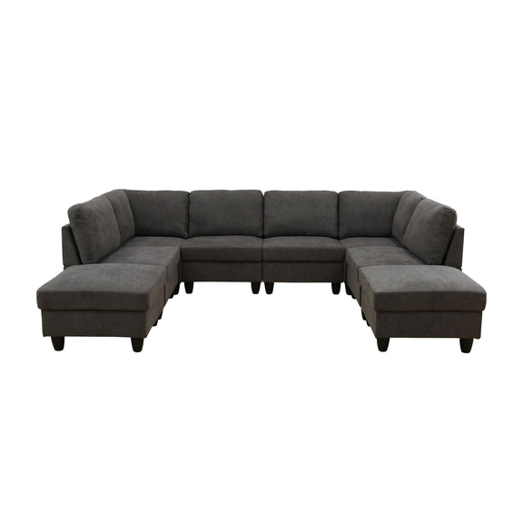 Dark gray U-shape modular sectional sofa with padded back, wide arms, and chaise seats