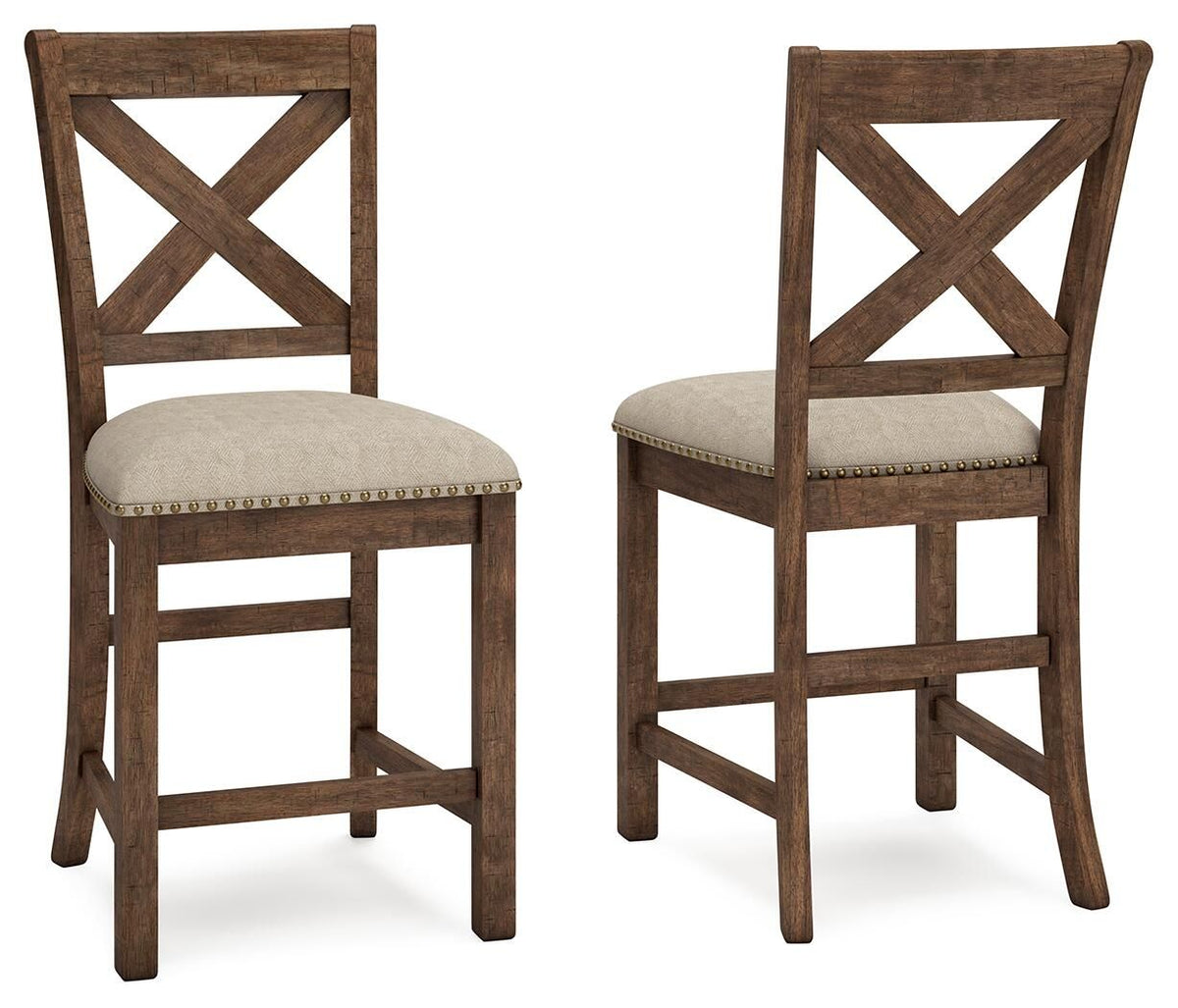 Upholstered barstool with beige seat cushion, X back panels, nailhead trim, dark stained wood