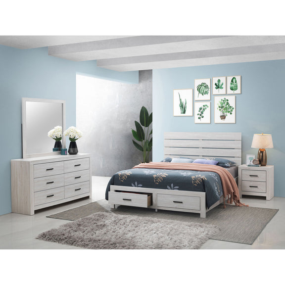 Bedroom set with light wood platform bed, dresser, nightstands, and wall mirror