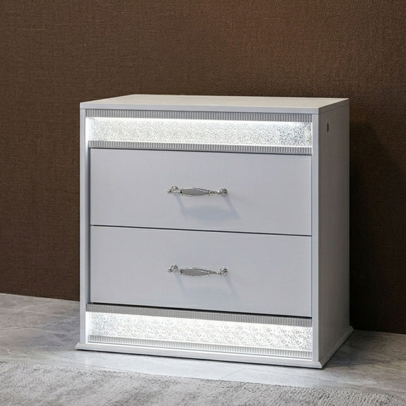 White 2-drawer nightstand with silver handles and LED-lit border on top and base