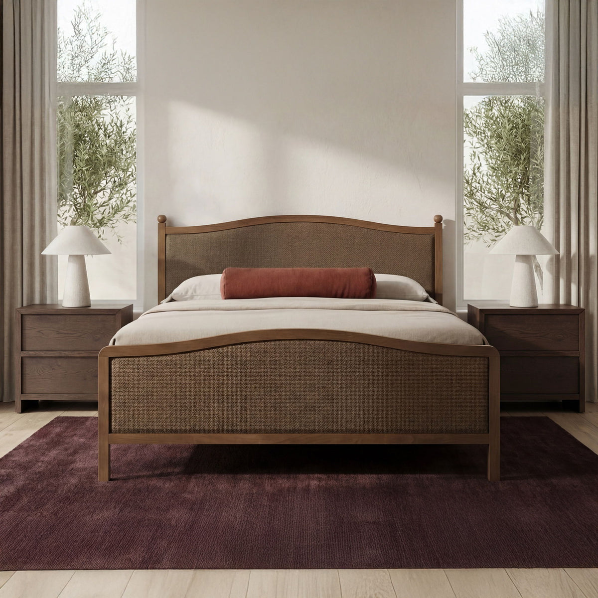 Pair of brown wooden nightstands with two drawers each