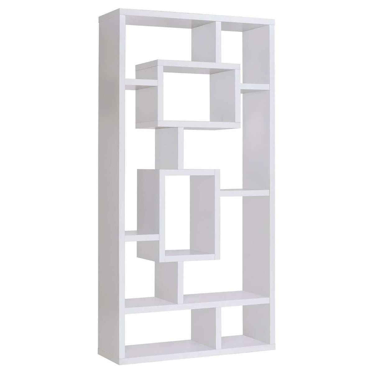 White open-back bookcase with geometric interlocking open shelves, 10 tiers