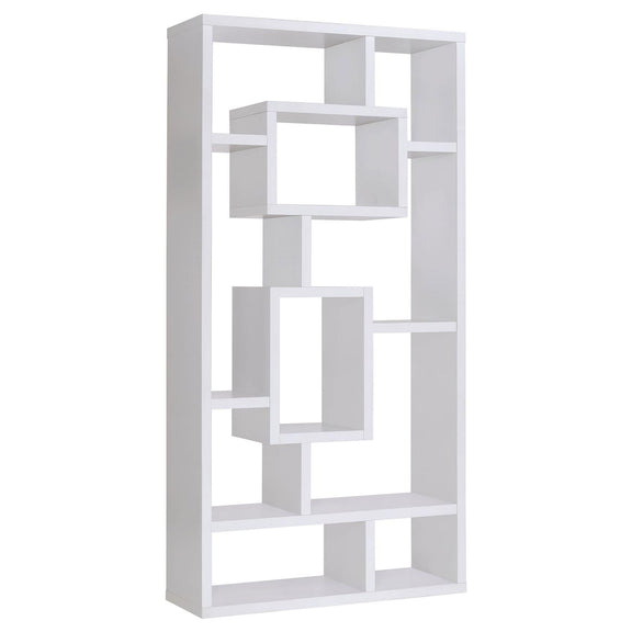 White open-back bookcase with geometric interlocking open shelves, 10 tiers