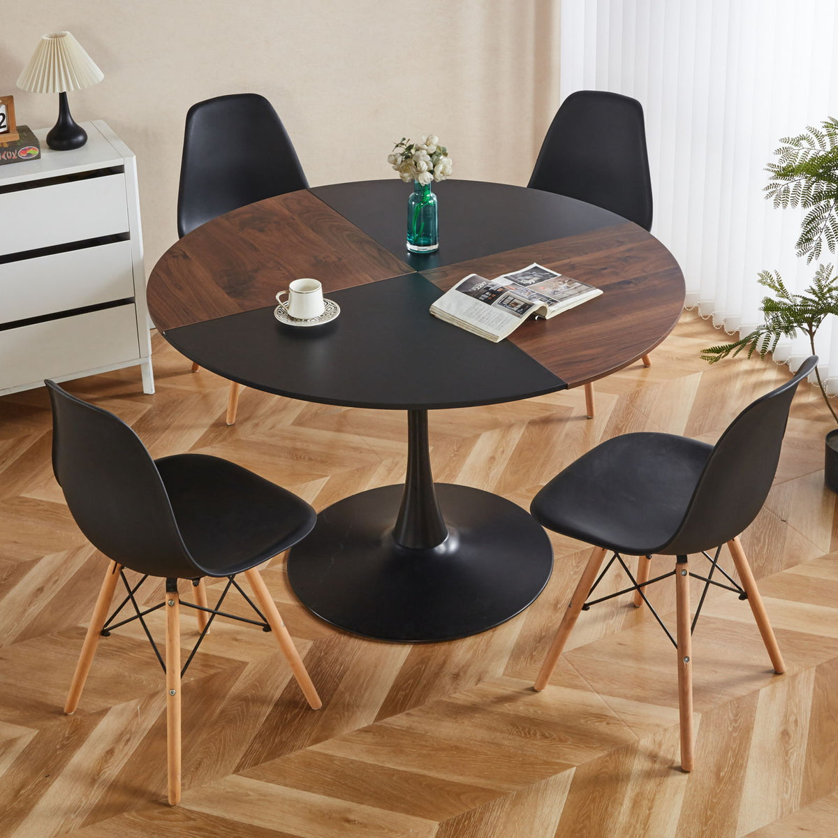 5 Pieces Dining Set, Table Metal Leg Mid-Century Dining Table For 4 - 6 People, Pedestal Dining Table, Table Leisure Coffee Table - Black
