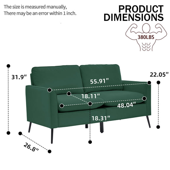 Green upholstered loveseat dimensions diagram with measurements and weight info