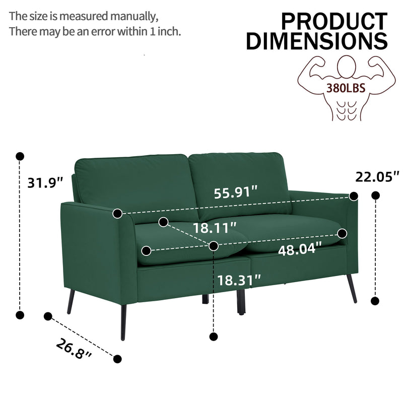 Green upholstered loveseat dimensions diagram with measurements and weight info