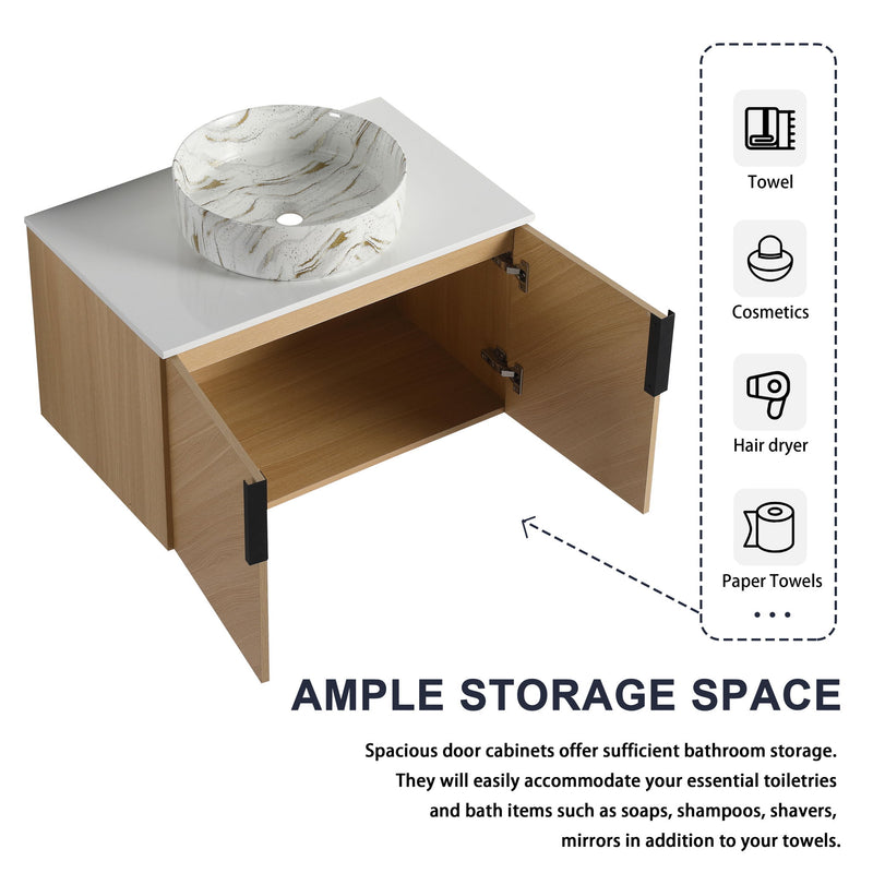 Bathroom vanity detail: art sink on white top with open doors showing ample storage space