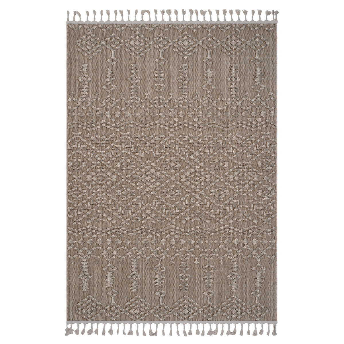 Natural traditional area rug with geometric pattern and light fringe border